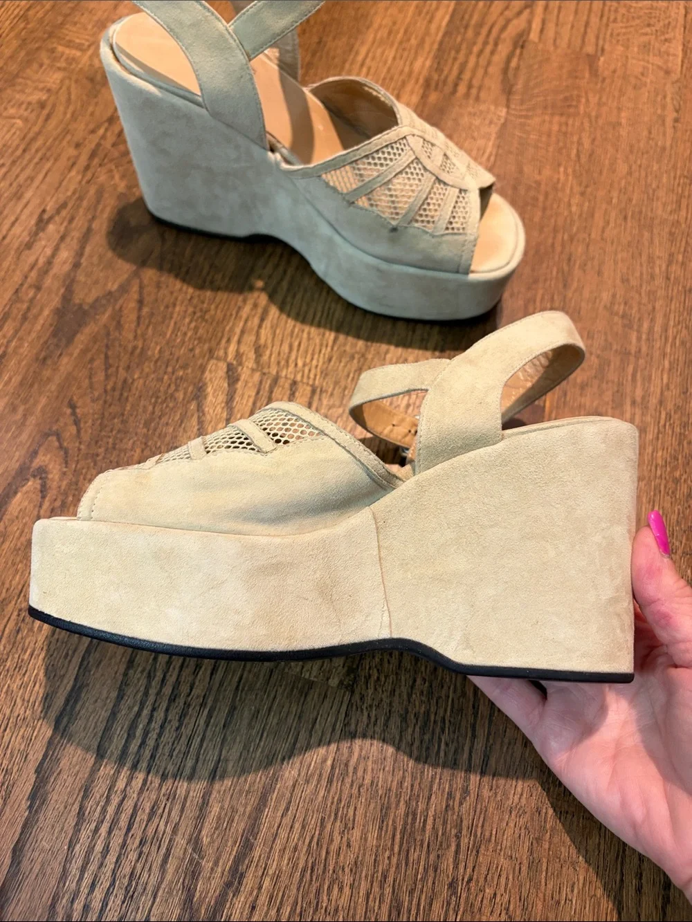 VARDA Size 6 1/2 Suede Laser-Cut Platform Sandals in Light Beige